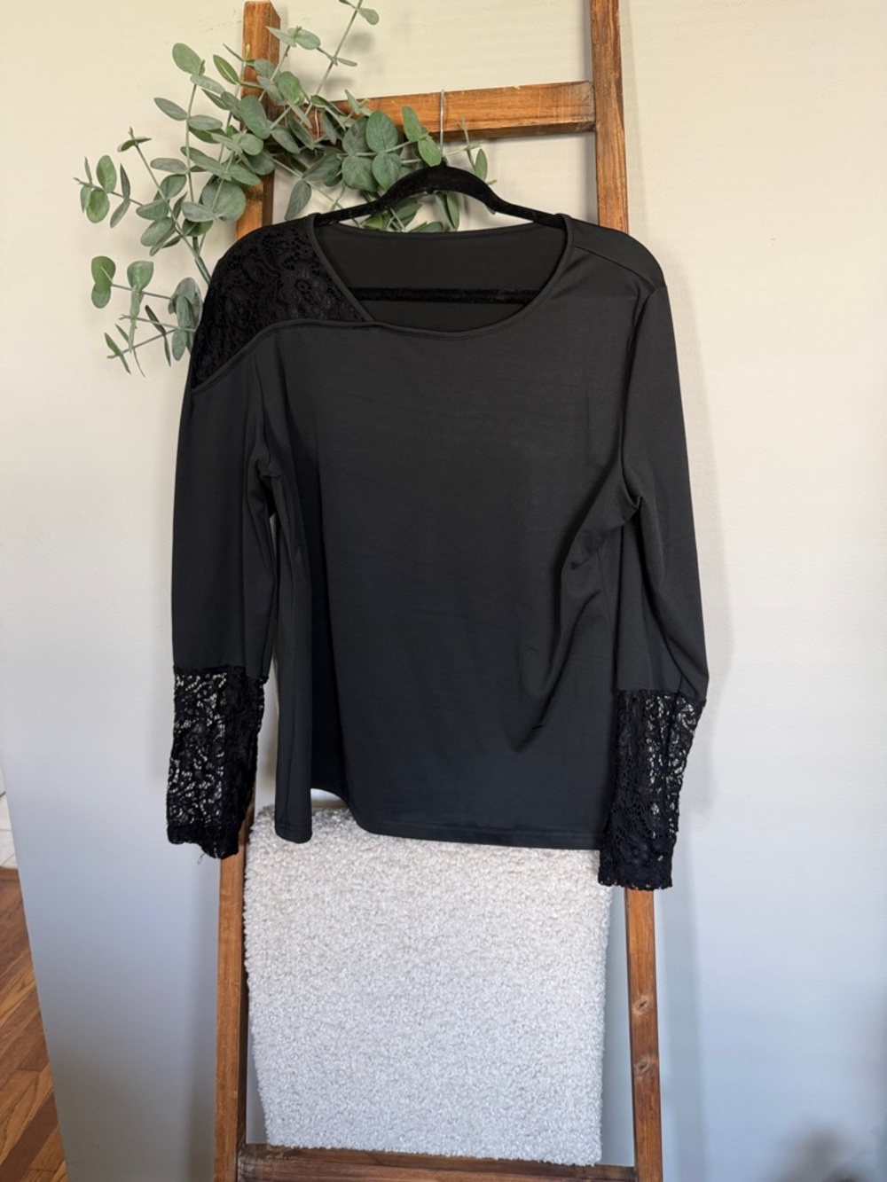 Black Lace-Trim Long Sleeve Top